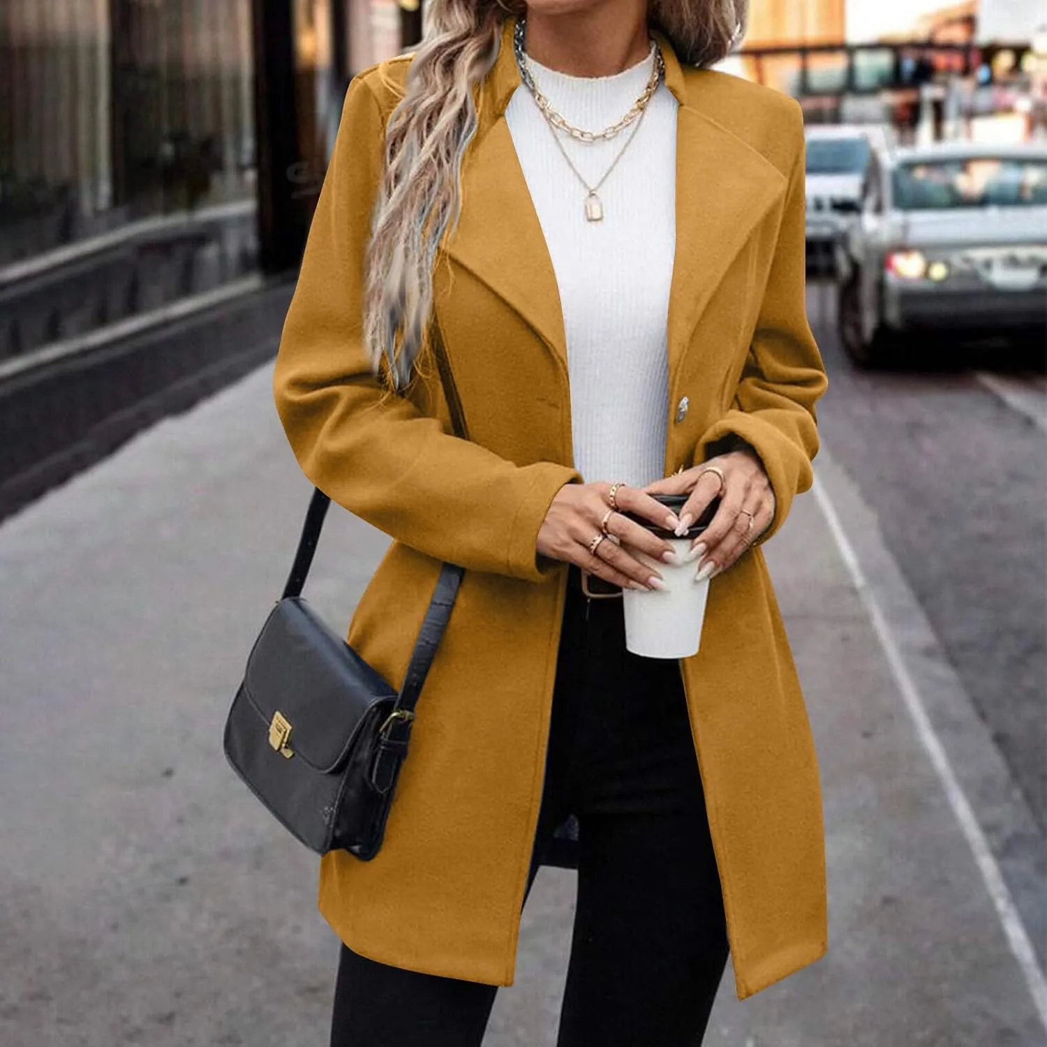 Trench Coat Women Fall Winter Notched Lapel Blazers Plus Size Soild Wool Blend Overcoats Single-Breasted Pea Coat