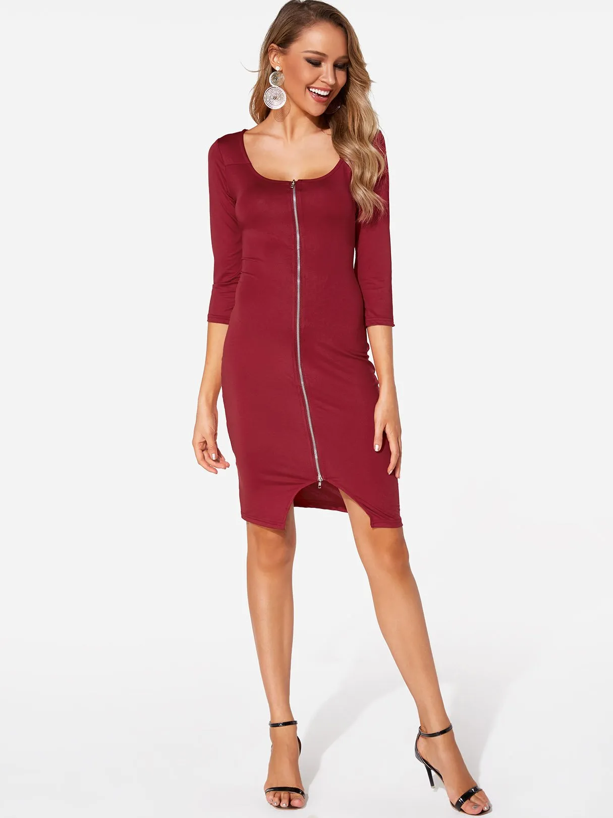 Wholesale Plain Zip Back 3/4 Length Sleeve Red Midi Dress
