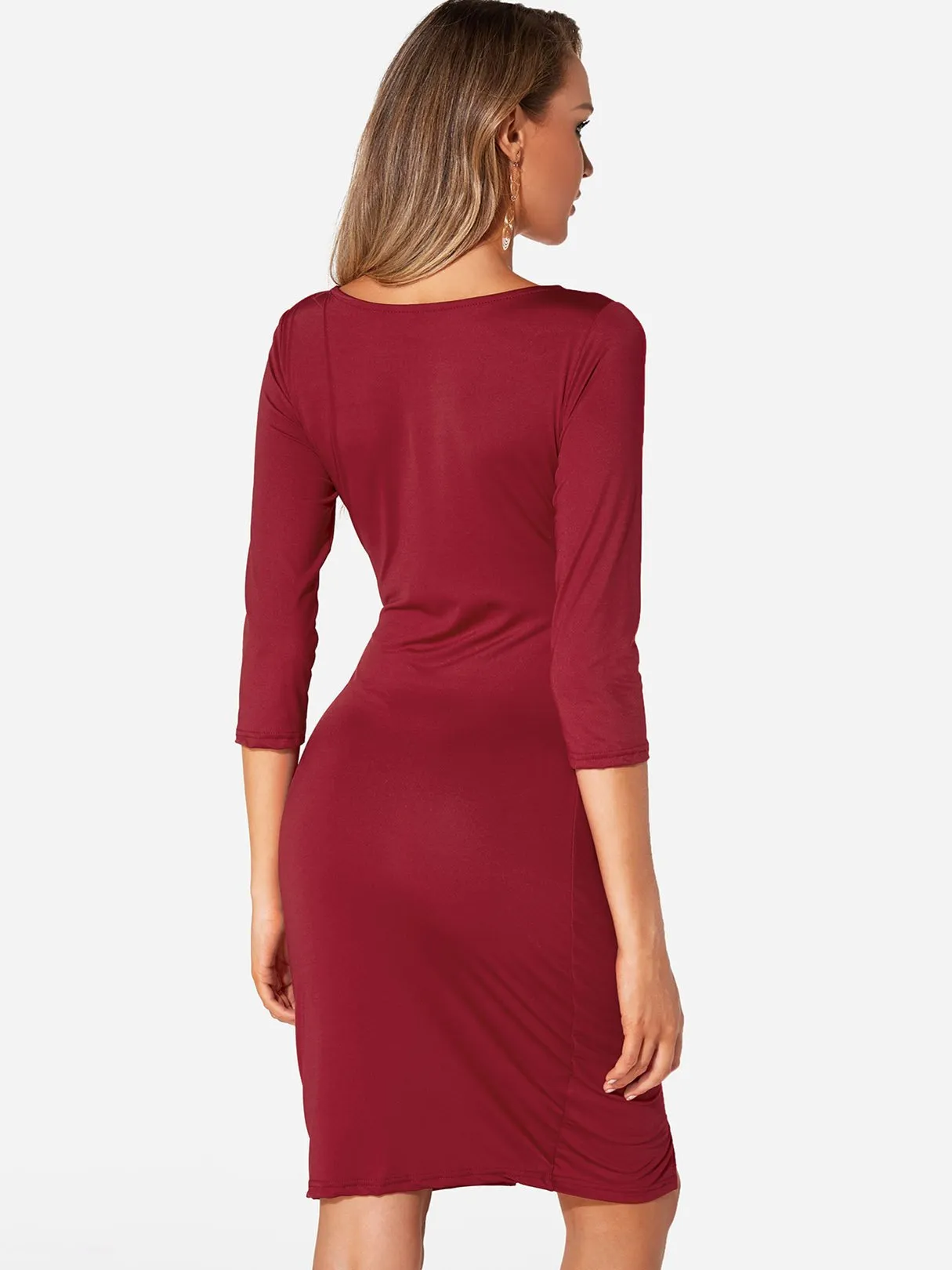 Wholesale Plain Zip Back 3/4 Length Sleeve Red Midi Dress