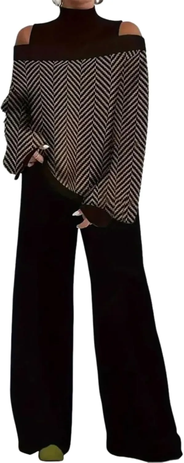 Women's 2 Piece Outfits Herringbone Cold Shoulder Top and Wide Leg Pants Set 2025 Fashionable Two Piece Lounge Outfit