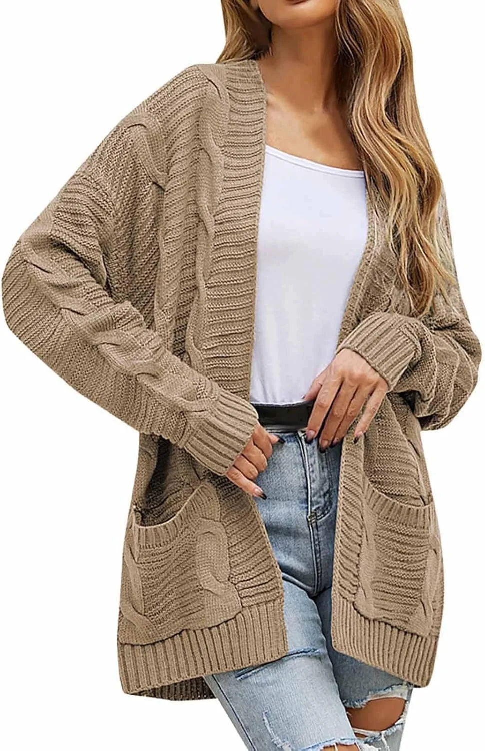 Womens Cardigan Lightweight Long Sleeve Cardigan Color Block Cable Knit Open Front Cardigan with Pockets