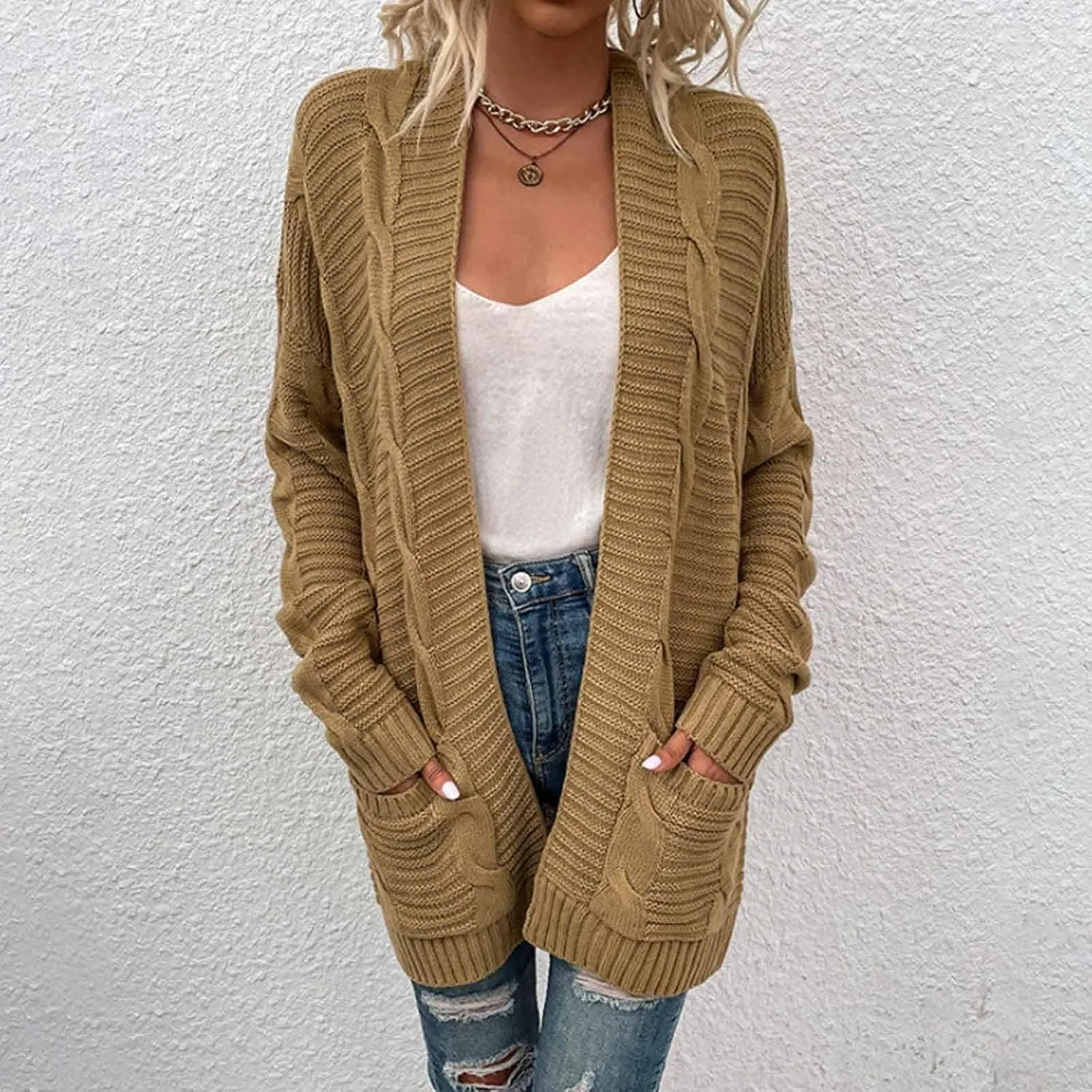 Womens Cardigan Lightweight Long Sleeve Cardigan Color Block Cable Knit Open Front Cardigan with Pockets