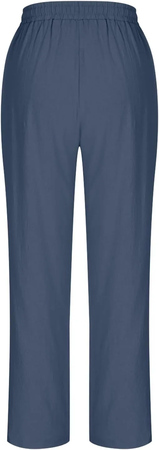Womens Cotton Linen Pant Straight Leg Cropped Trousers Lightweight Slim Fit Elastic Waist Drawstring Slacks