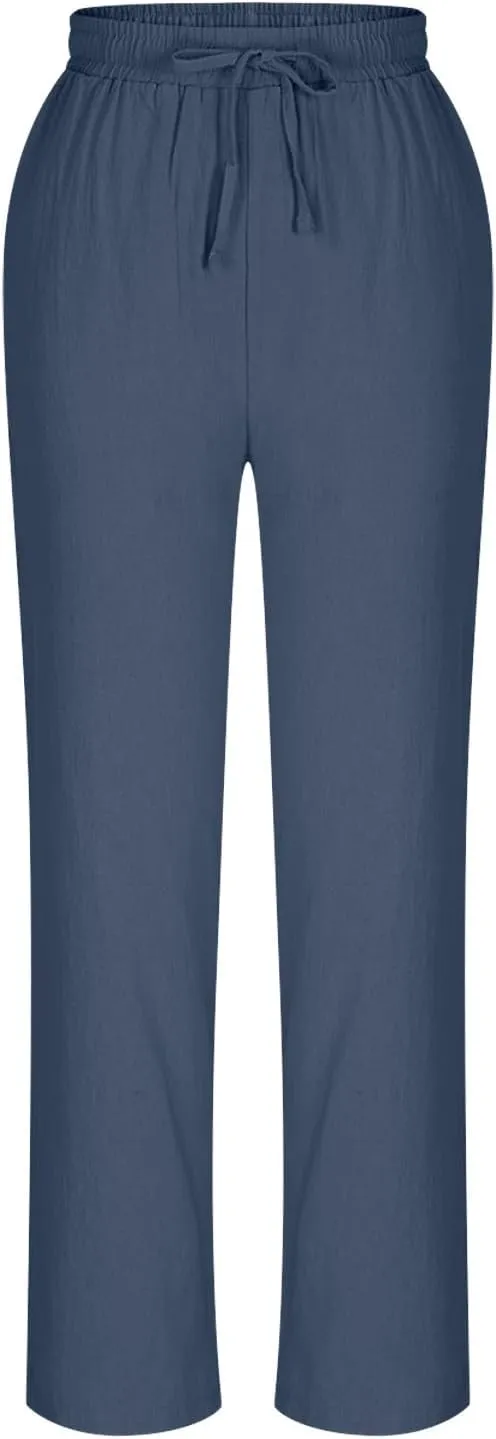 Womens Cotton Linen Pant Straight Leg Cropped Trousers Lightweight Slim Fit Elastic Waist Drawstring Slacks