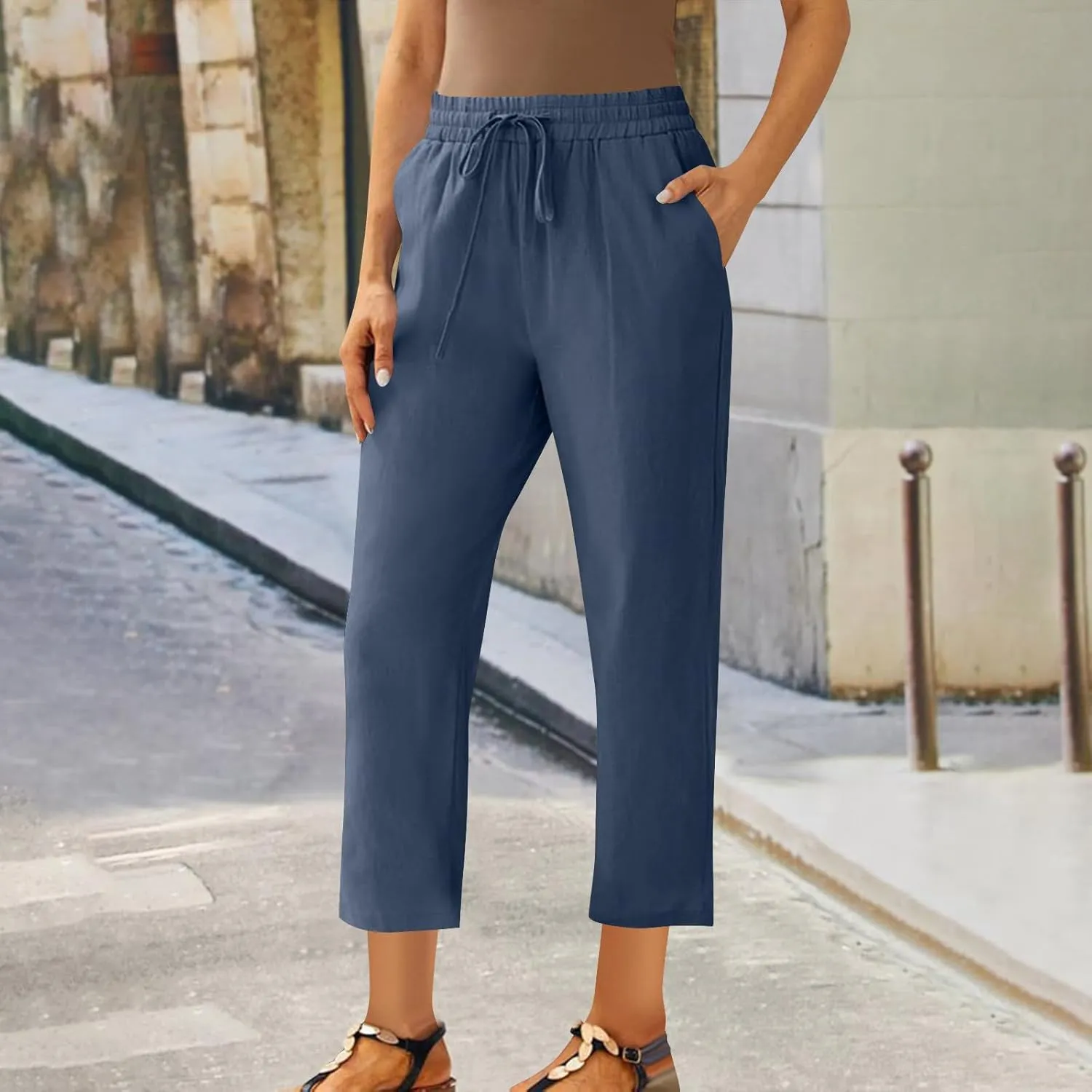Womens Cotton Linen Pant Straight Leg Cropped Trousers Lightweight Slim Fit Elastic Waist Drawstring Slacks