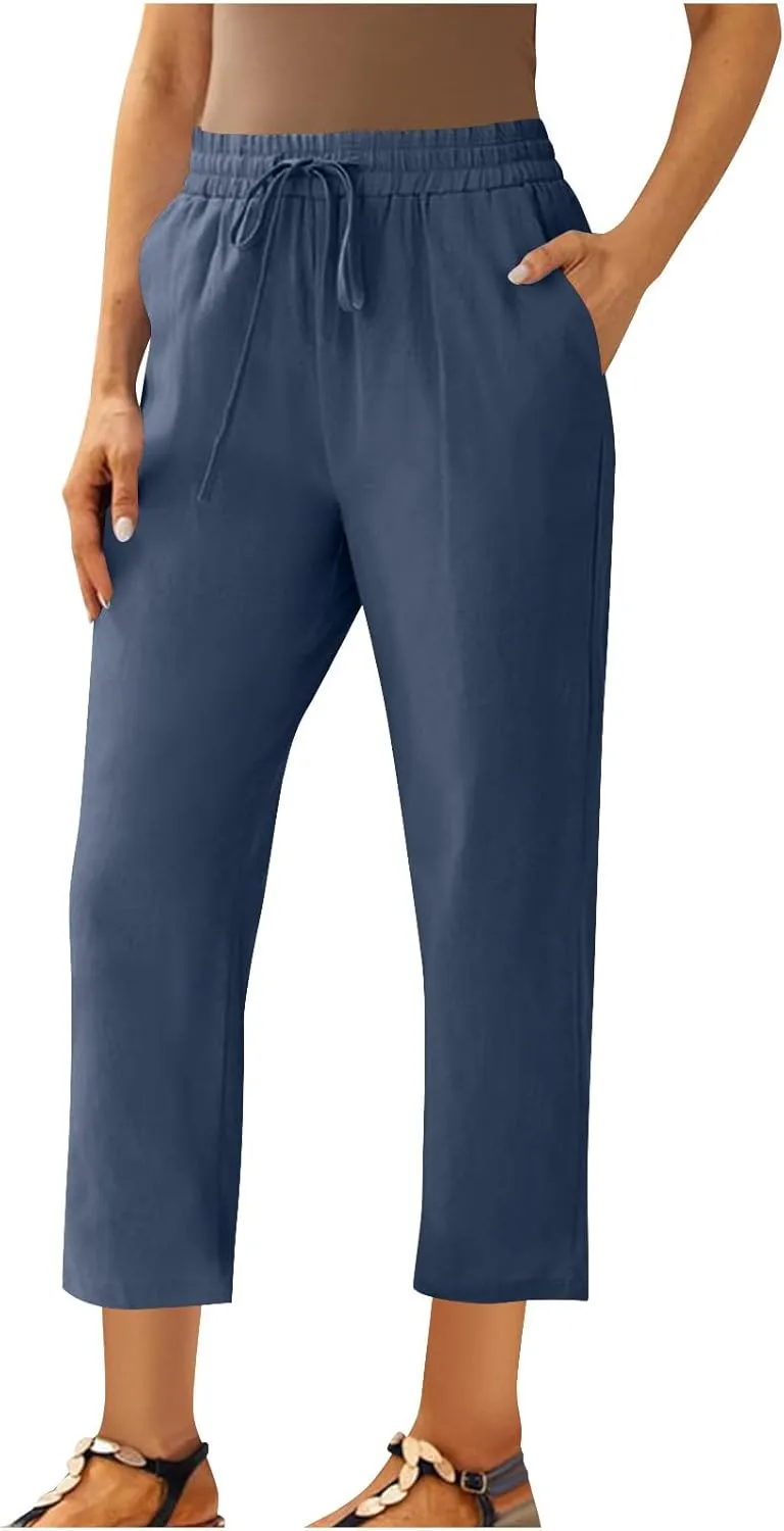 Womens Cotton Linen Pant Straight Leg Cropped Trousers Lightweight Slim Fit Elastic Waist Drawstring Slacks