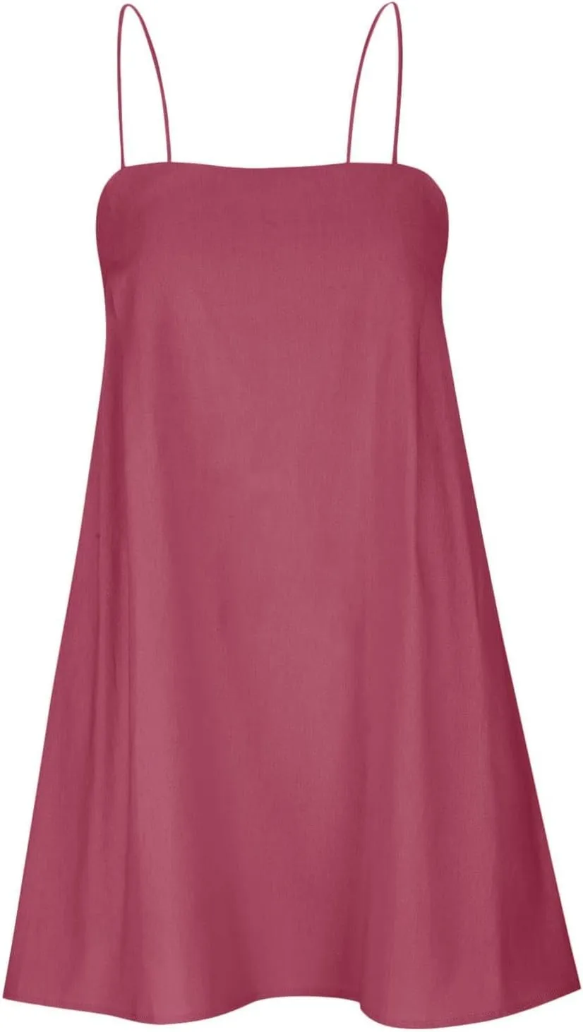 Womens Linen Spaghetti Strap Dress Sleeveless Cami A-Line Mini Dresses Cute Beach Party Comfortable Vacation Sundress