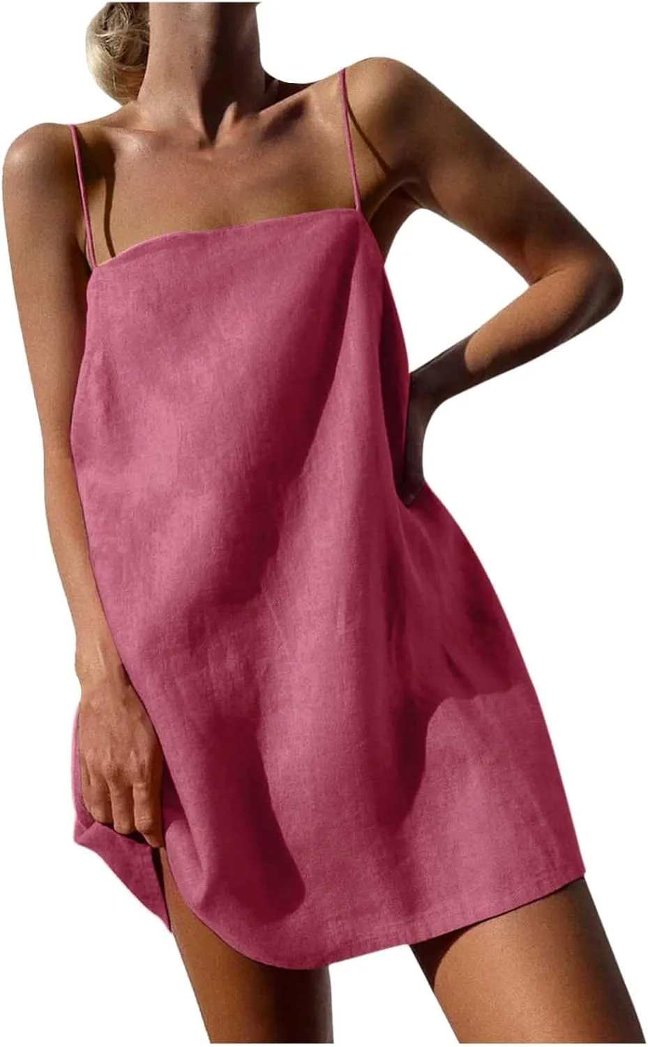 Womens Linen Spaghetti Strap Dress Sleeveless Cami A-Line Mini Dresses Cute Beach Party Comfortable Vacation Sundress
