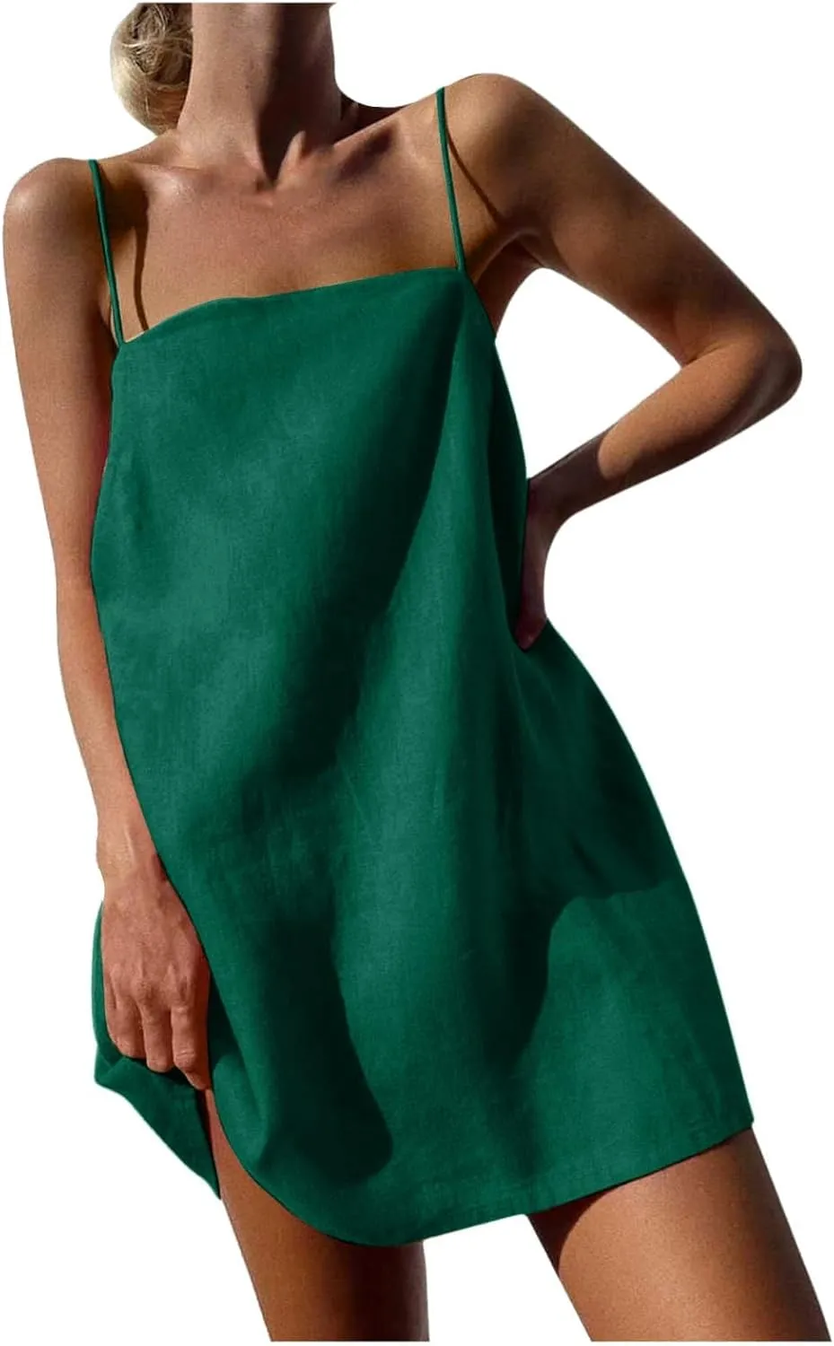 Womens Linen Spaghetti Strap Dress Sleeveless Cami A-Line Mini Dresses Cute Beach Party Comfortable Vacation Sundress