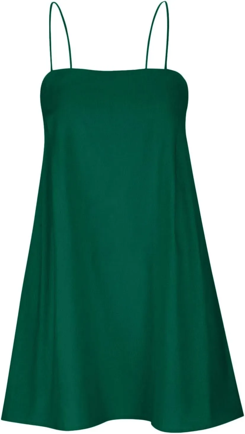 Womens Linen Spaghetti Strap Dress Sleeveless Cami A-Line Mini Dresses Cute Beach Party Comfortable Vacation Sundress
