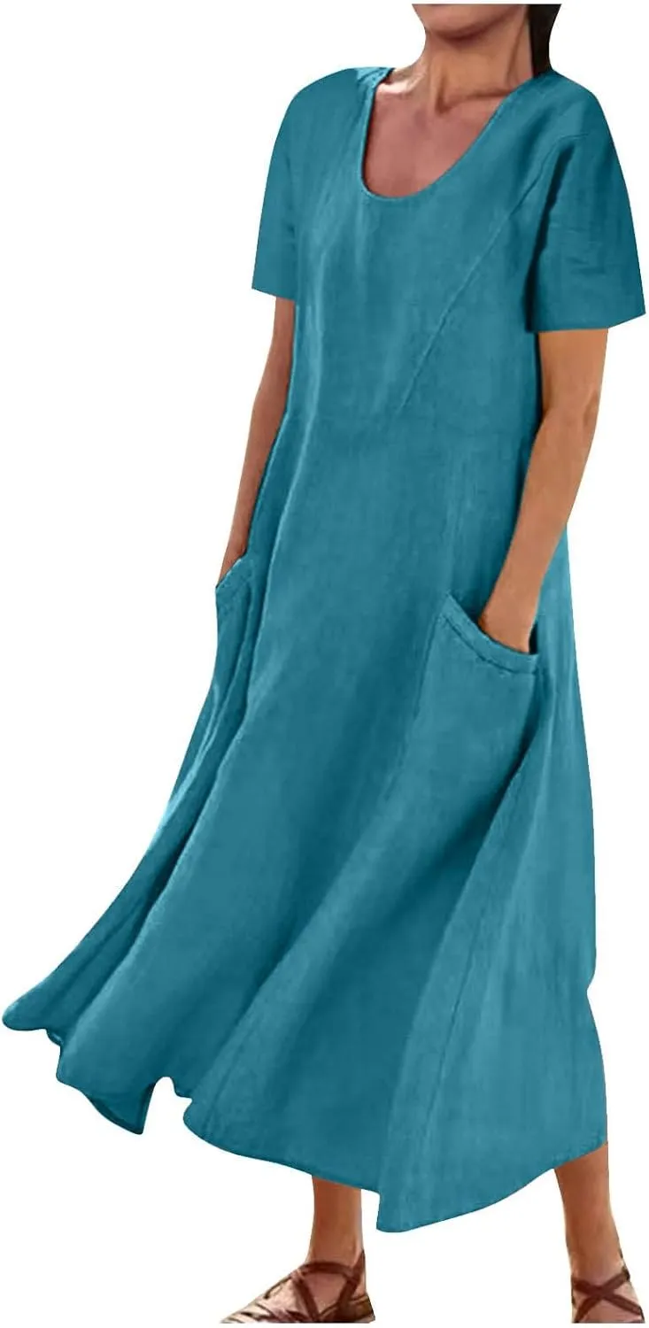 Womens Summer Dresses Cotton Linen Short Sleeve Tshirt Beach Flowy Dresses Casual Loose Solid Sundresses with Pockets