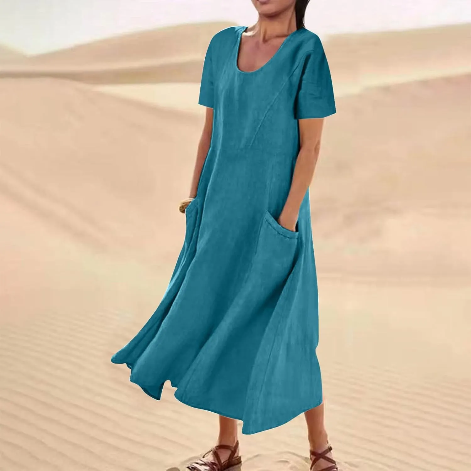Womens Summer Dresses Cotton Linen Short Sleeve Tshirt Beach Flowy Dresses Casual Loose Solid Sundresses with Pockets