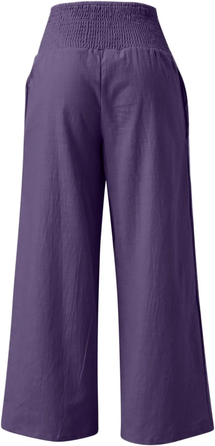 Womens Wide Leg Pants Linen Palazzo Pants Summer Boho Lounge Pant 2025 High Waist Beach Pants with Pocket
