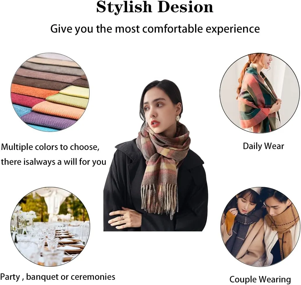 Women's Winter Spring Warm Plaid Scarves,Cashmere Feel Scarf,Knit Tassel Thick Shawl,Birthday Christmas New Year Gift.