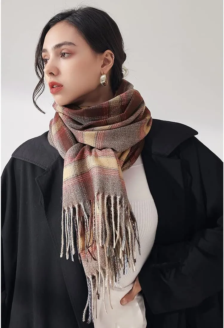 Women's Winter Spring Warm Plaid Scarves,Cashmere Feel Scarf,Knit Tassel Thick Shawl,Birthday Christmas New Year Gift.