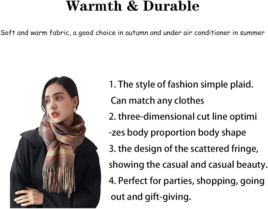 Women's Winter Spring Warm Plaid Scarves,Cashmere Feel Scarf,Knit Tassel Thick Shawl,Birthday Christmas New Year Gift.