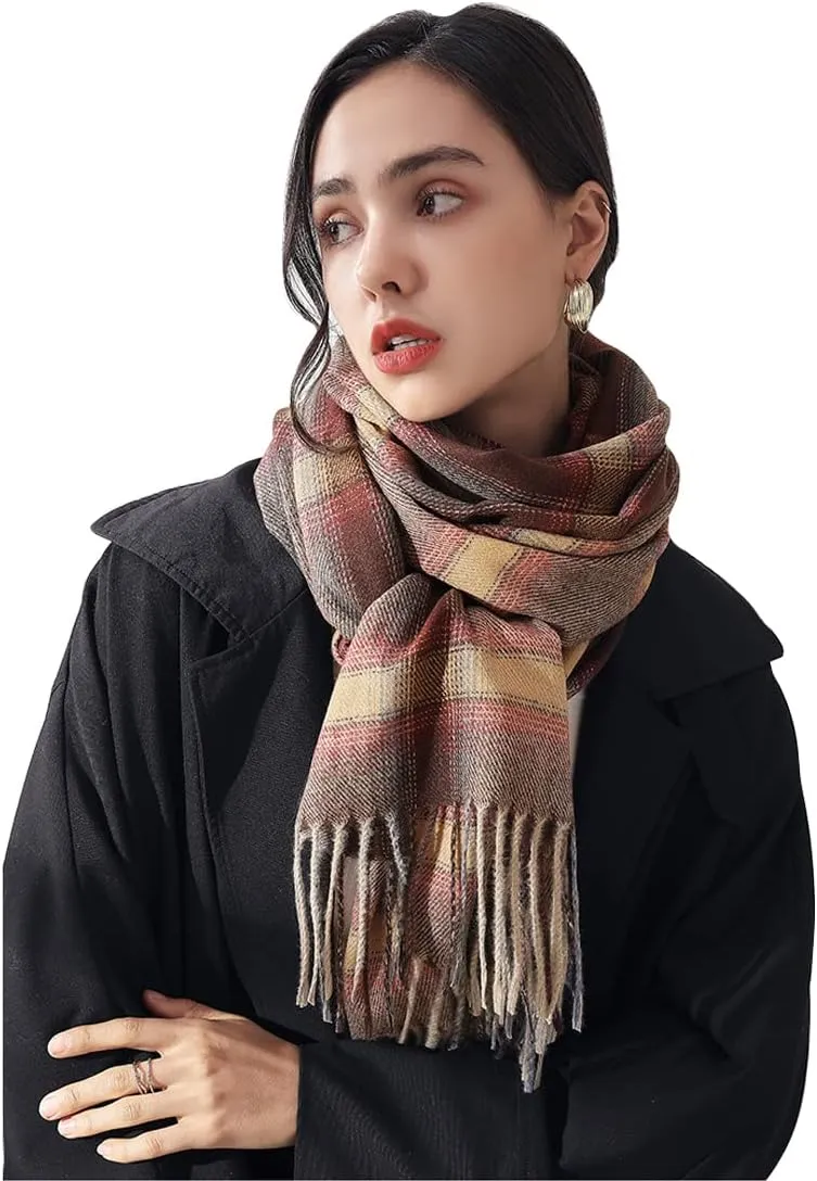 Women's Winter Spring Warm Plaid Scarves,Cashmere Feel Scarf,Knit Tassel Thick Shawl,Birthday Christmas New Year Gift.