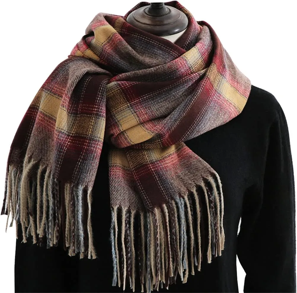 Women's Winter Spring Warm Plaid Scarves,Cashmere Feel Scarf,Knit Tassel Thick Shawl,Birthday Christmas New Year Gift.