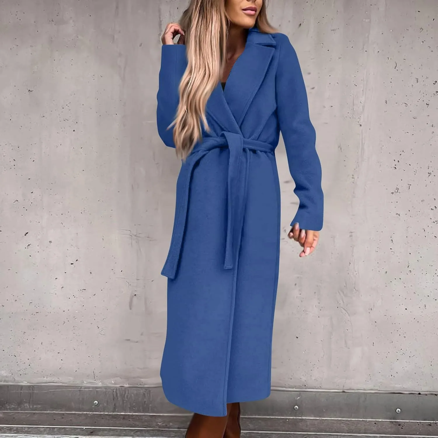 Womens Winter Trench Coats Elegant Long Length Slim Fit Coats Open Front Belt Overcoat Long Lapel Collar Pea Coat