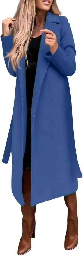 Womens Winter Trench Coats Elegant Long Length Slim Fit Coats Open Front Belt Overcoat Long Lapel Collar Pea Coat