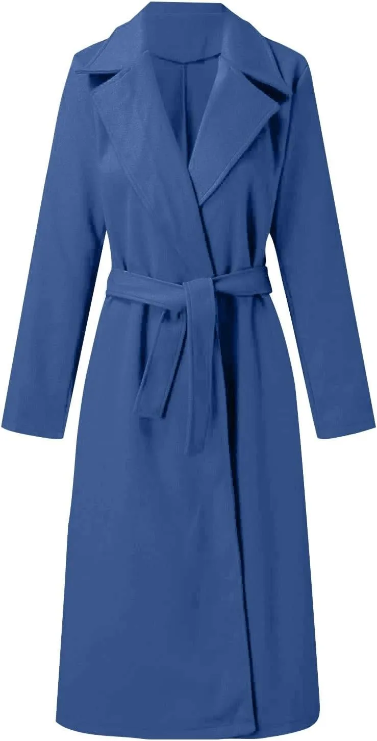 Womens Winter Trench Coats Elegant Long Length Slim Fit Coats Open Front Belt Overcoat Long Lapel Collar Pea Coat