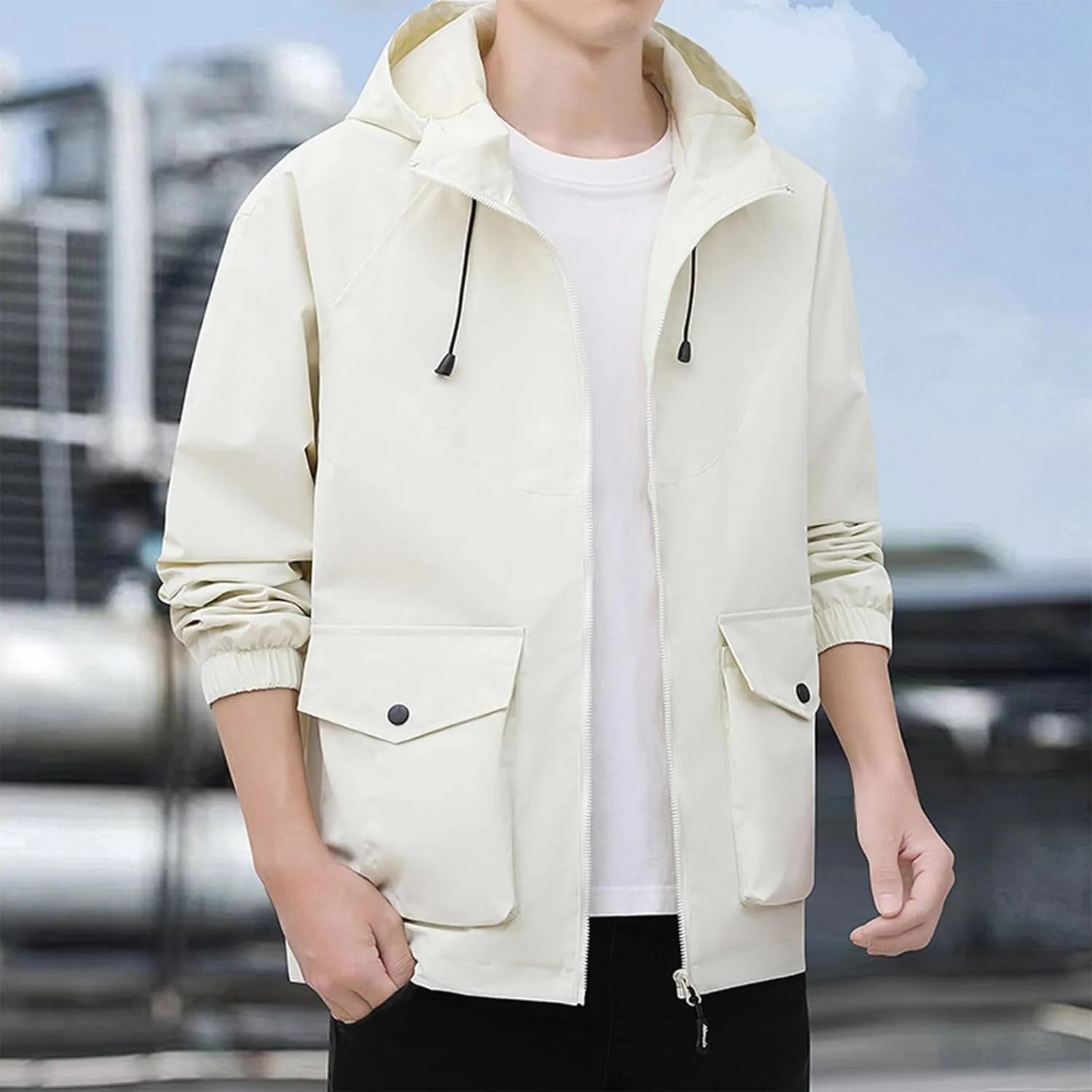 Xiaojmake Plus Size Rain Jackets for Men 2024 Fall Softshell Hooded Coat Loose Casual Waterproof Windbreaker With Pockets
