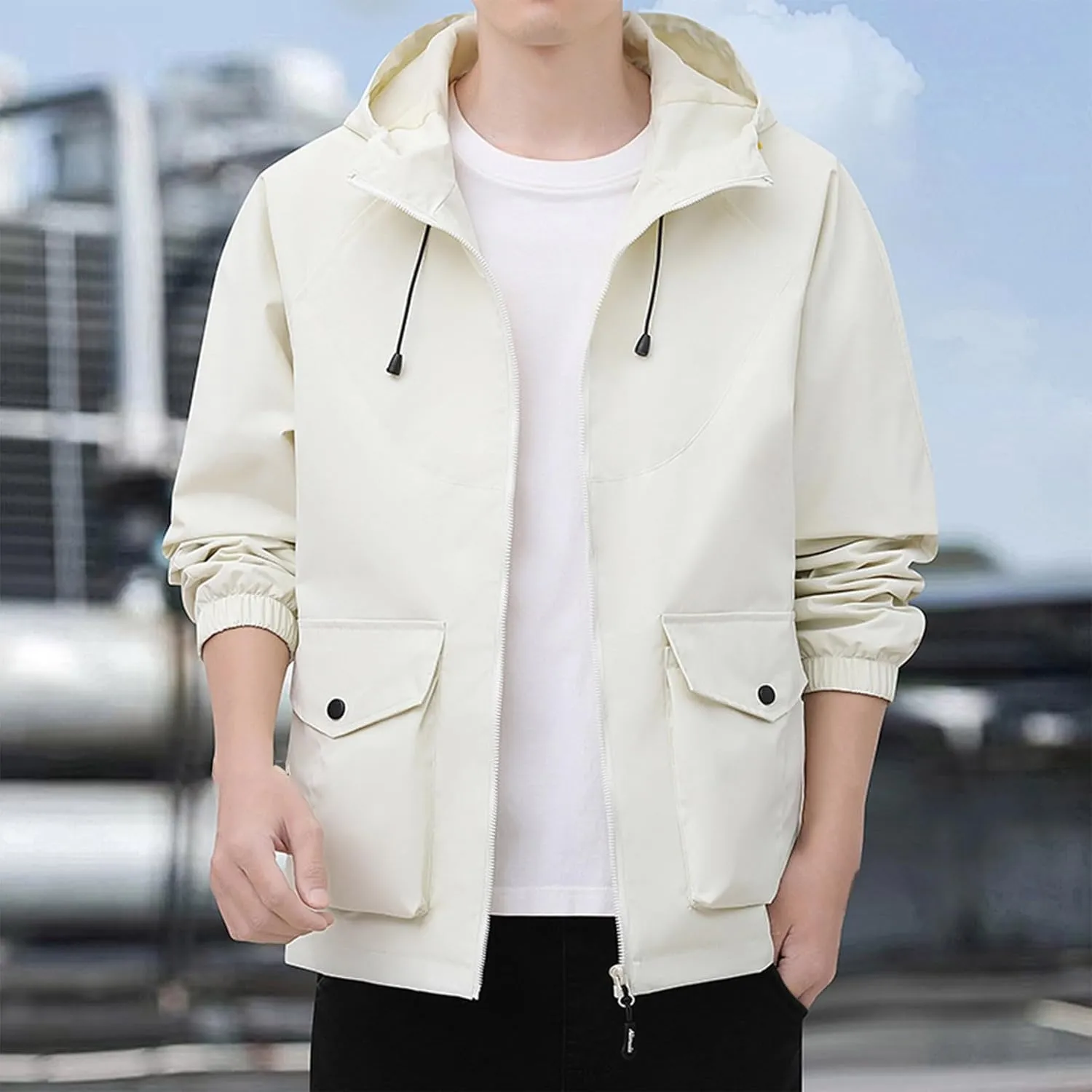 Xiaojmake Plus Size Rain Jackets for Men 2024 Fall Softshell Hooded Coat Loose Casual Waterproof Windbreaker With Pockets
