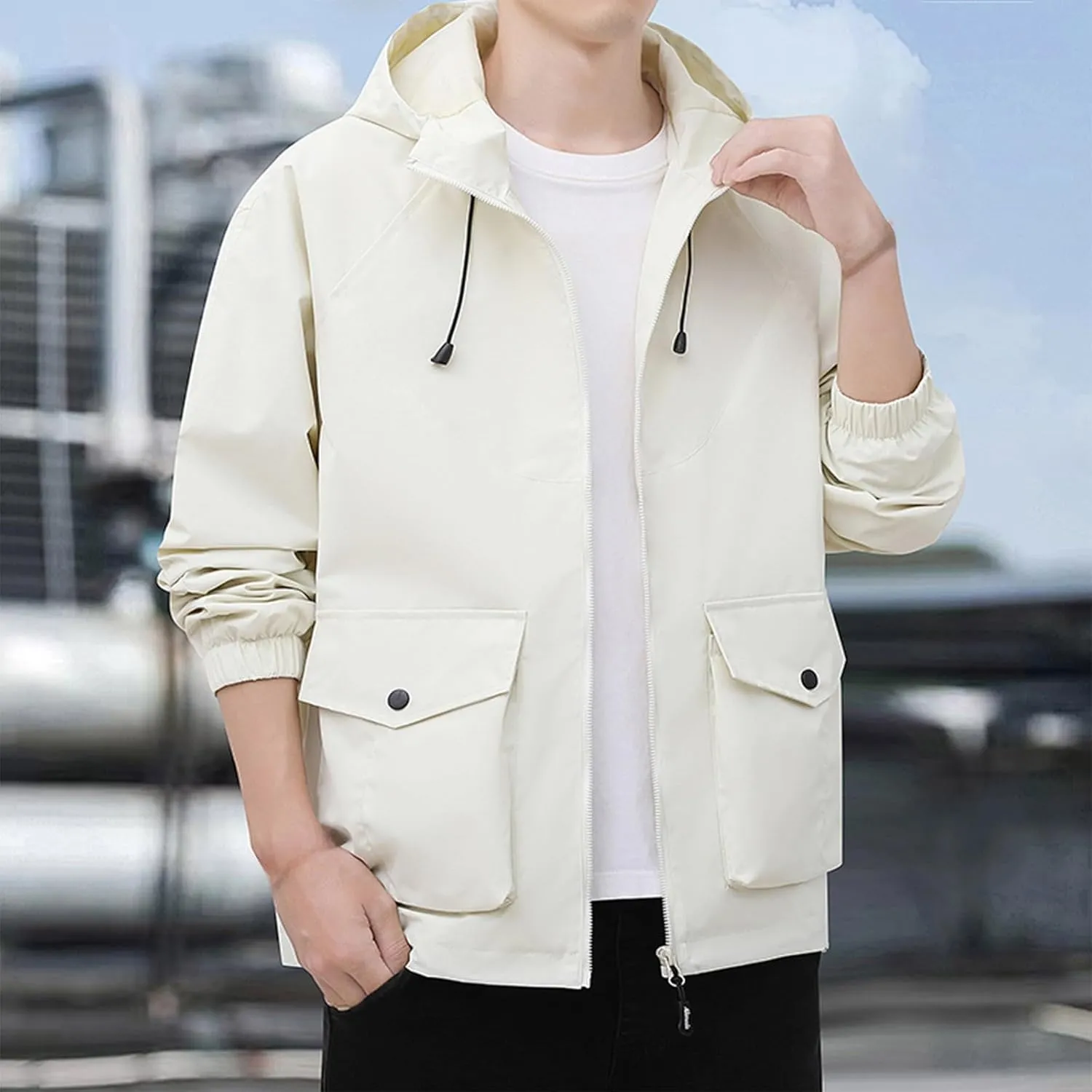 Xiaojmake Plus Size Rain Jackets for Men 2024 Fall Softshell Hooded Coat Loose Casual Waterproof Windbreaker With Pockets