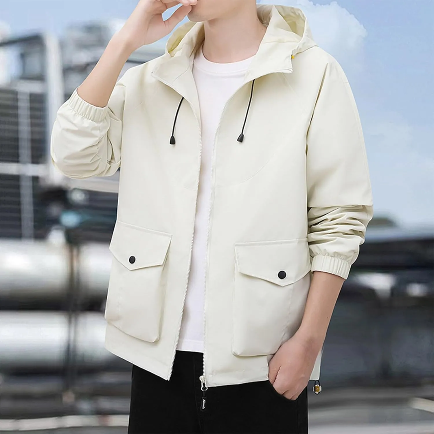 Xiaojmake Plus Size Rain Jackets for Men 2024 Fall Softshell Hooded Coat Loose Casual Waterproof Windbreaker With Pockets