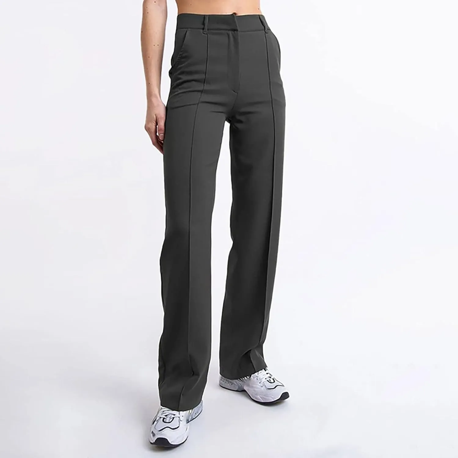 YOLAI Womens Casual Solid Slim Fit Trousers High Waisted Wide Leg Pants Straight Leg Suit Pant with Pockets