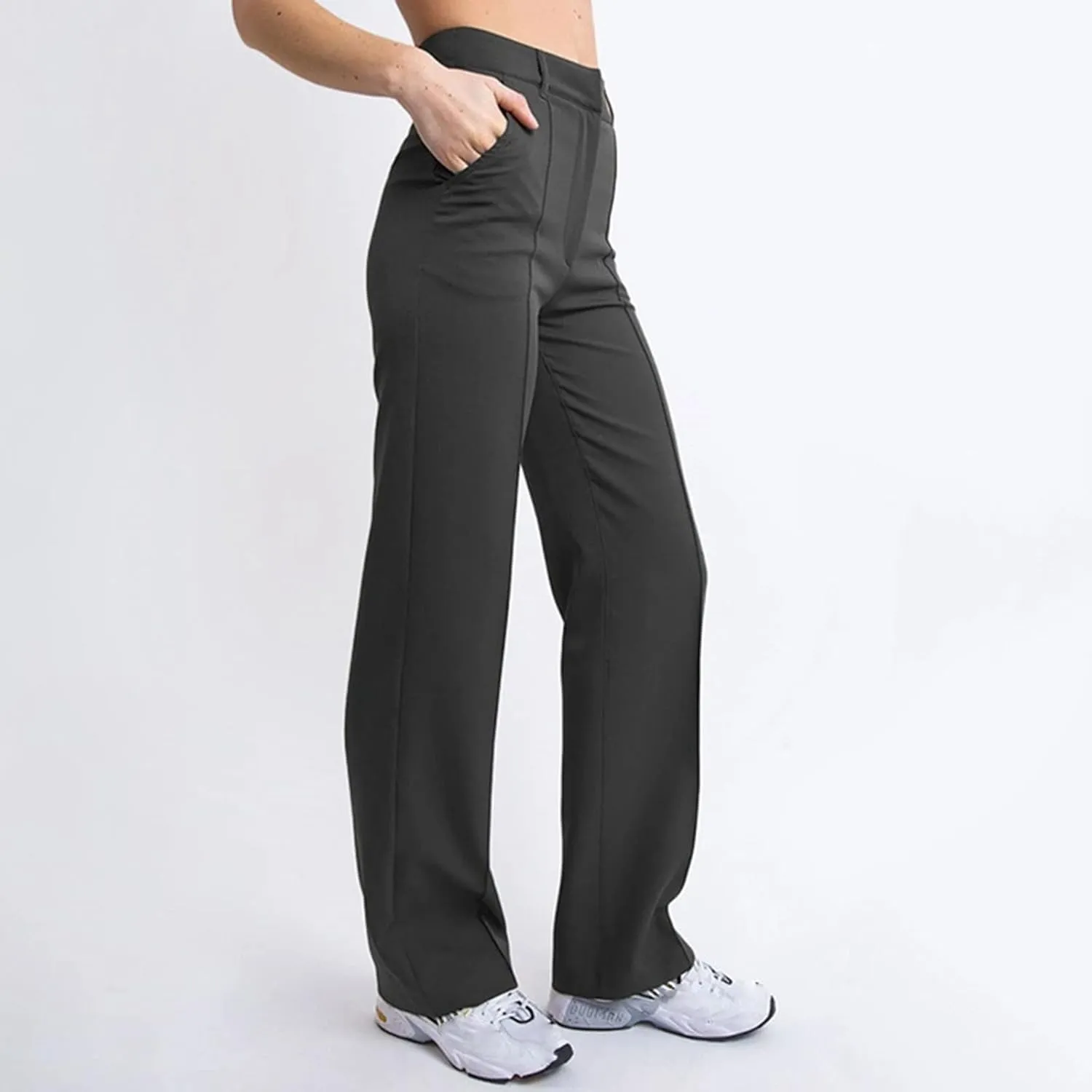 YOLAI Womens Casual Solid Slim Fit Trousers High Waisted Wide Leg Pants Straight Leg Suit Pant with Pockets