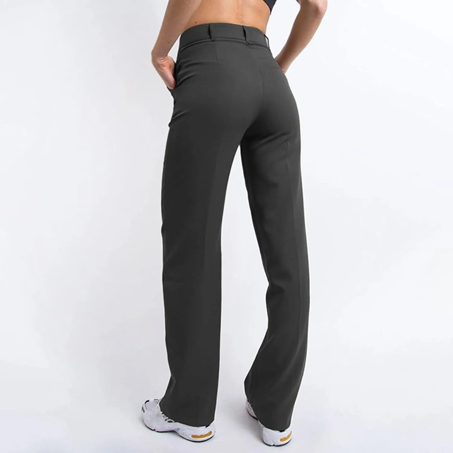 YOLAI Womens Casual Solid Slim Fit Trousers High Waisted Wide Leg Pants Straight Leg Suit Pant with Pockets
